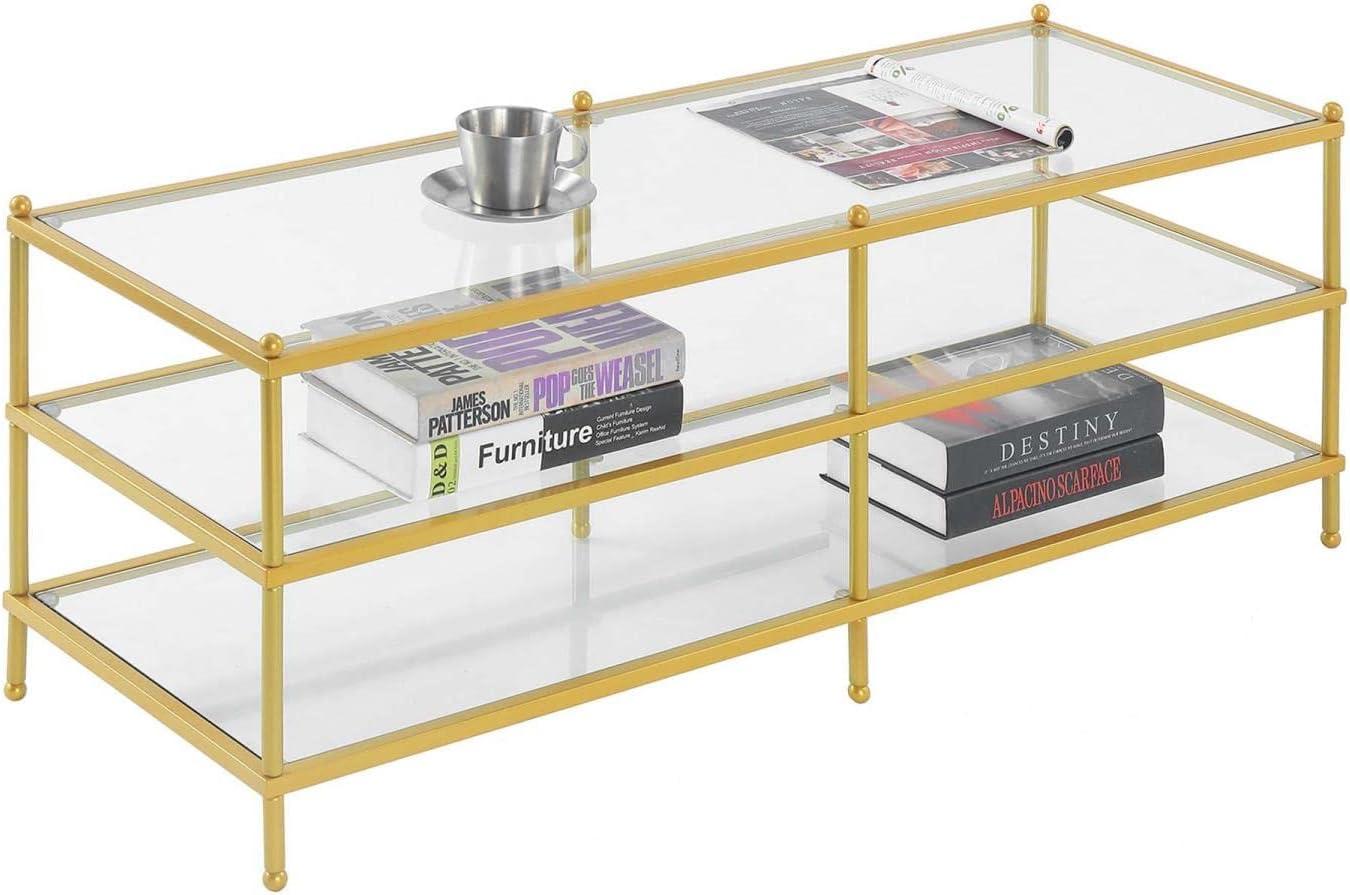 Elegant Gold-Finish 3-Tier Glass Coffee Table, 48" Rectangular