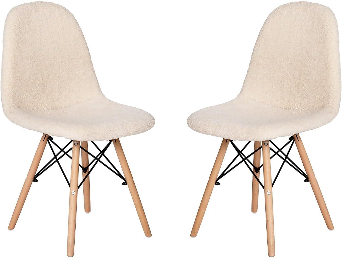 Off-White Faux Shearling Armless Chairs with Wooden Legs, Set of 2