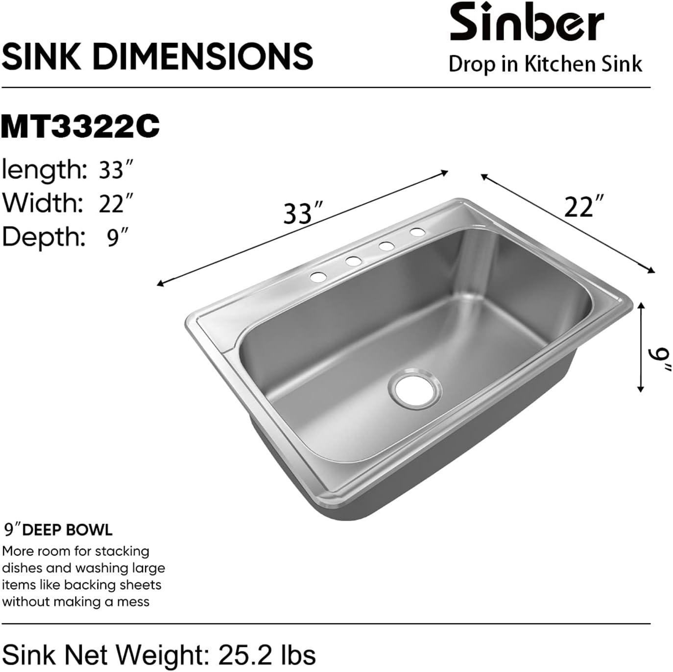 Sinber 33" x 22" Drop In Single Bowl Kitchen Sink with 18 Gauge 304 Stainless Steel Satin Finish