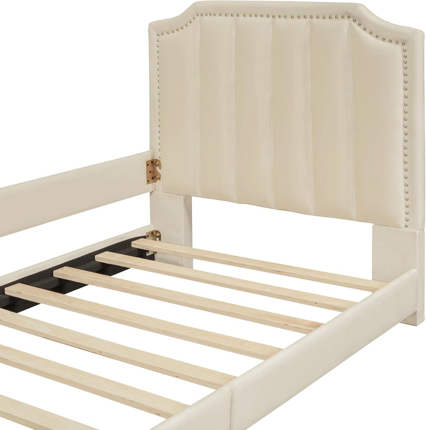 Bellemave Twin Size Upholstered Bed with Belgrave Headboard, Low Platform Bed Frame with Rails, Kids Velvet Daybed with Slats Support for Girls Boys Teens, Beige