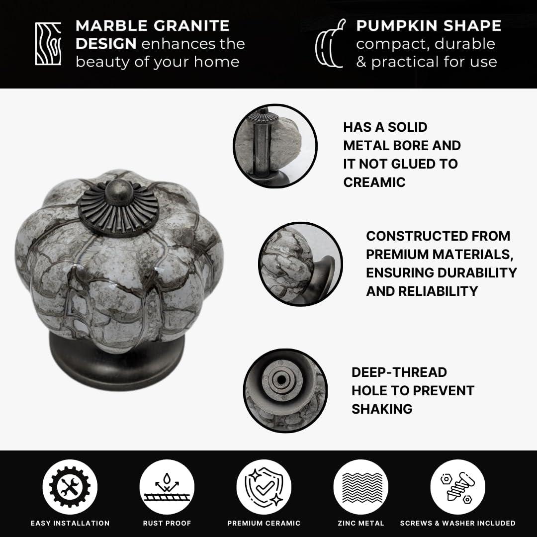 10 pcs Antique Silver Gray Ceramic Pumpkin Cabinet Knobs with Solid Metal Core for Cabinets, Drawers, Dressers, Closets