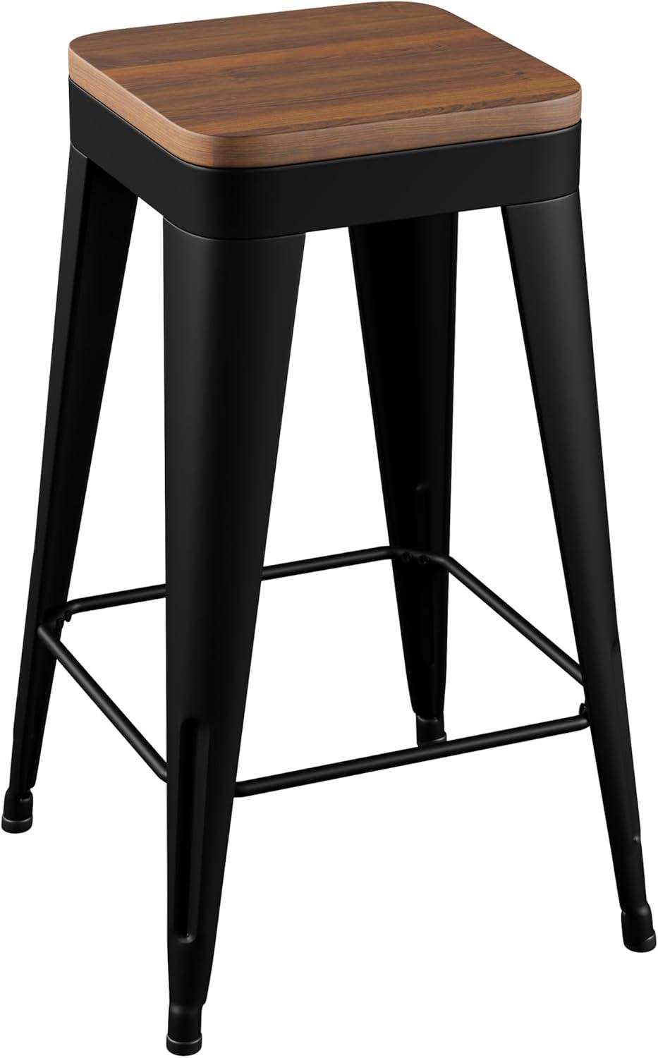 Stools Set of 4 Counter Height  Stools Metal Barstools with Removable Back 30" Kitchen  Stools with Wooden Seat