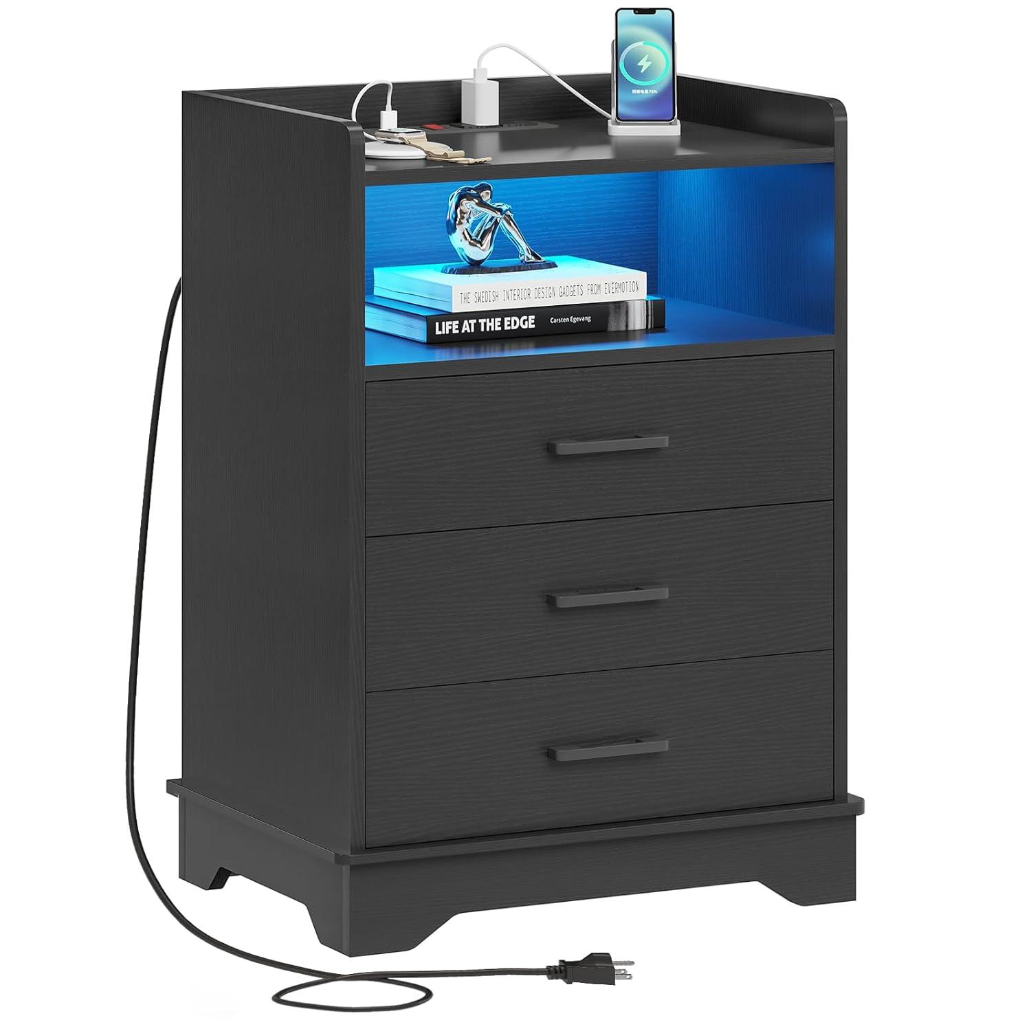 Afuhokles Black LED Nightstand with Charging Station, Night Stand 3 Drawers with Open Storage, Side Table with USB Ports and Outlets