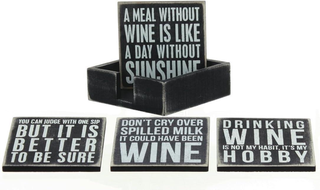 Wine-Themed Black and White Wooden Coaster Set with Holder