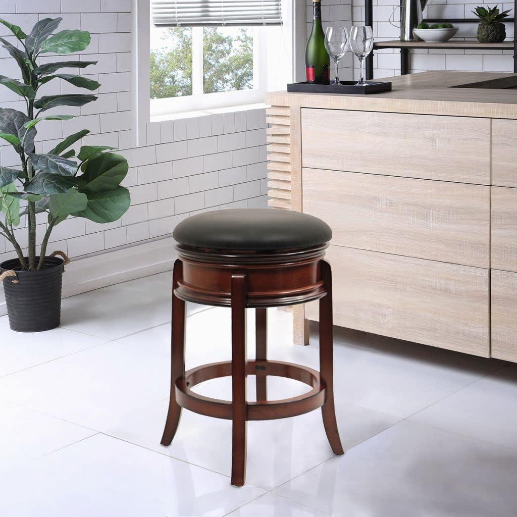 Brandy Wood and Black Leather Swivel Counter Stool