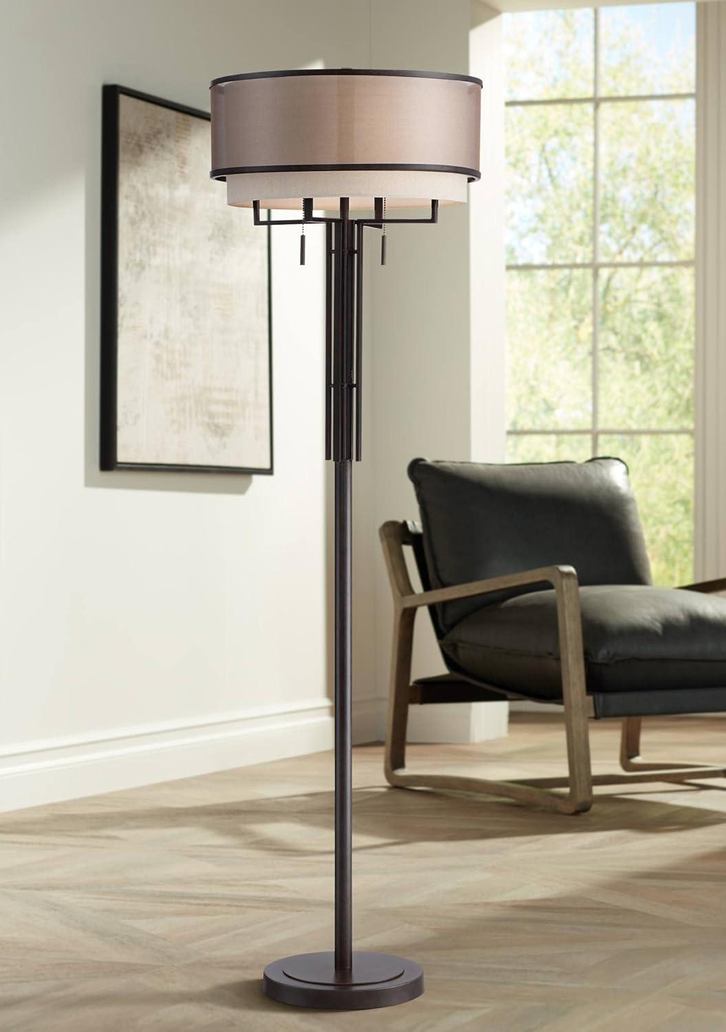 Franklin Iron Works Alamo Industrial Rustic Floor Lamp 62" Tall Bronze Metal Sheer Organza Outer Linen Fabric Inner Double Drum Shade for Living Room