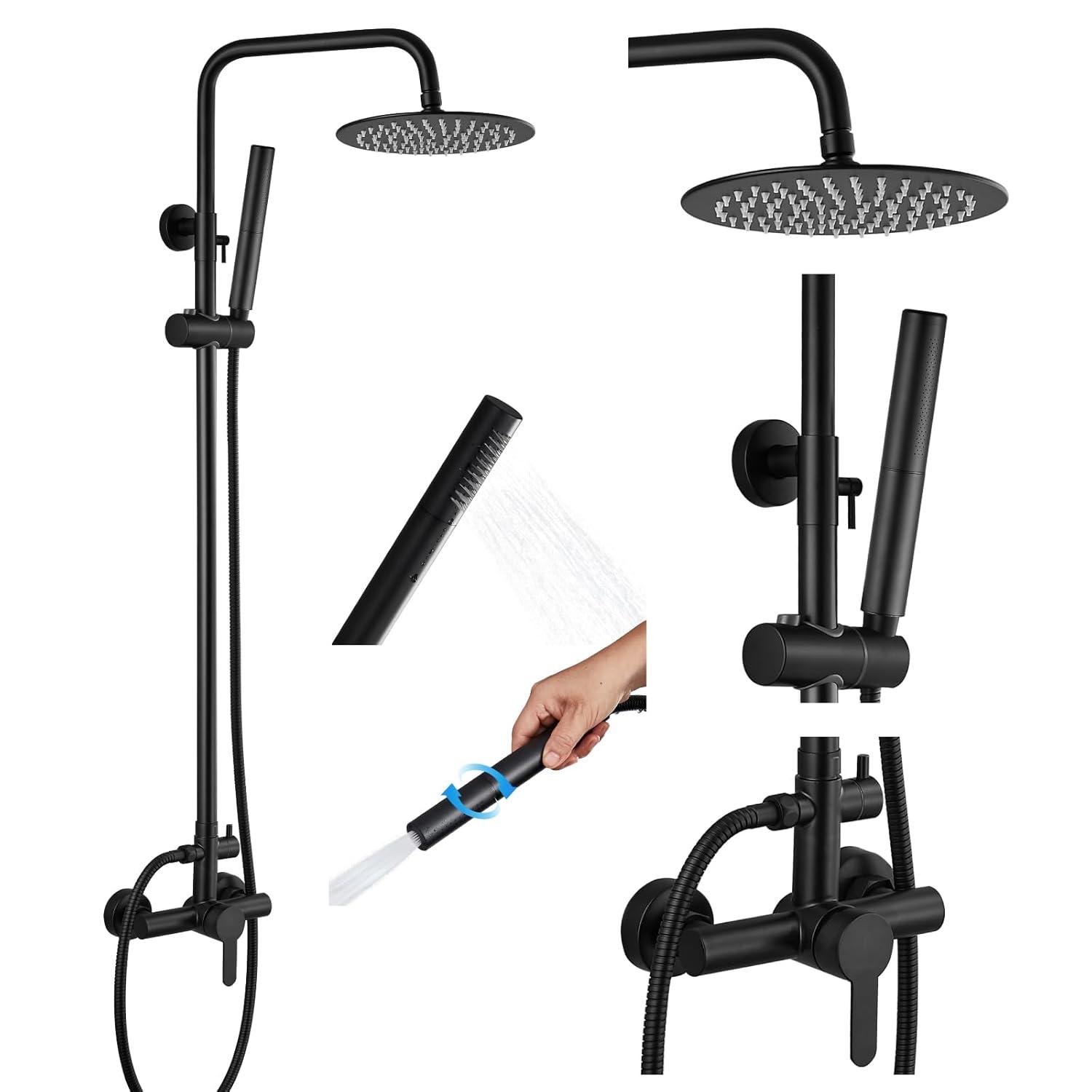 gotonovo SUS304 Outdoor Shower Fixture High Pressure Shower System Wall Mount 2 Dual Function Single Handle Shower Kit with 8 Inch Shower Head and Handheld Spray Shower Faucet Combo, Matte Black