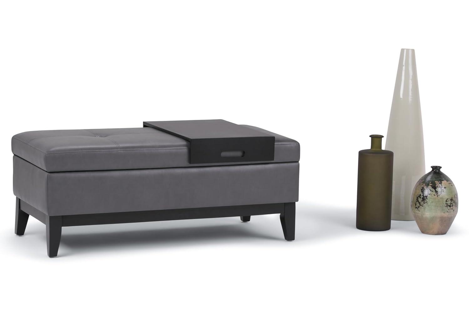 Simpli Home Oregon 42"W Upholstered Storage Ottoman Bench with Lift-Top Lid and Tray