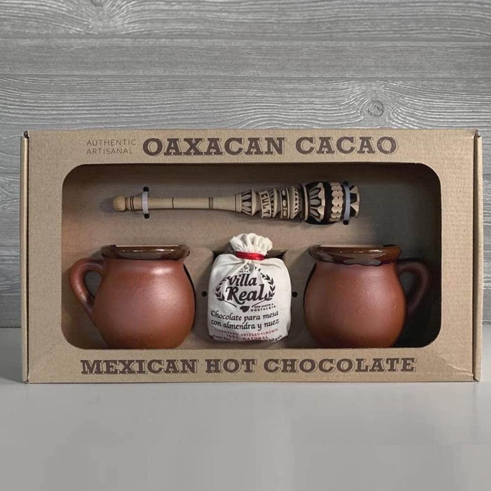 Traditional Mexican Hot Chocolate Gift Set with Clay Mugs and Wooden Frother