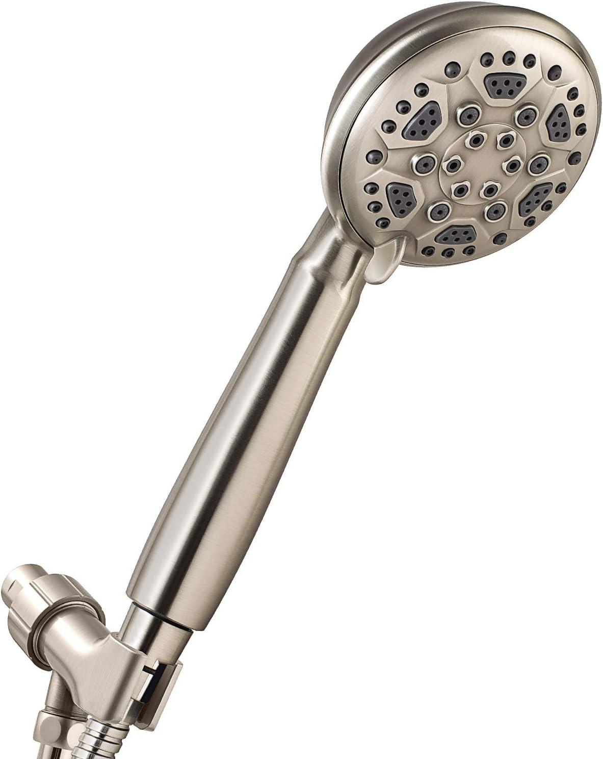 Couradric Handheld Shower Head, 6 Spray Setting High Pressure Shower Head with Brass Swivel Ball Bracket and Extra Long Stainless Steel Hose, Brushed Nickel, 5"