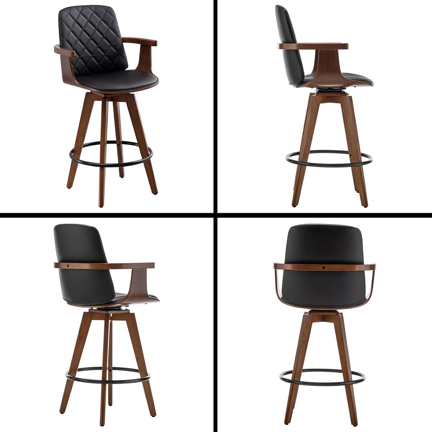 Black Faux Leather Swivel Bar Stools with Wooden Arms and Legs, Set of 2