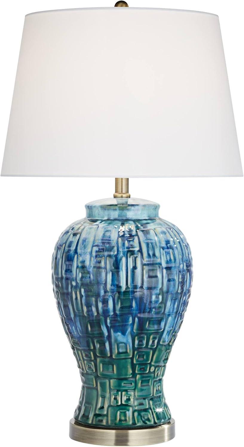 Possini Euro Design Asian Inspired Table Lamp 27" Tall Ceramic Teal Glaze Patterned Temple Jar White Empire Shade for Living Room (Colors May Vary)