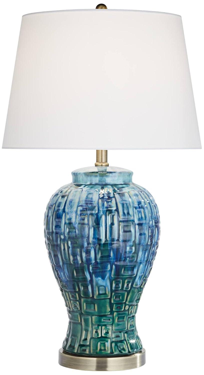 Possini Euro Design Asian Inspired Table Lamp 27" Tall Ceramic Teal Glaze Patterned Temple Jar White Empire Shade for Living Room (Colors May Vary)