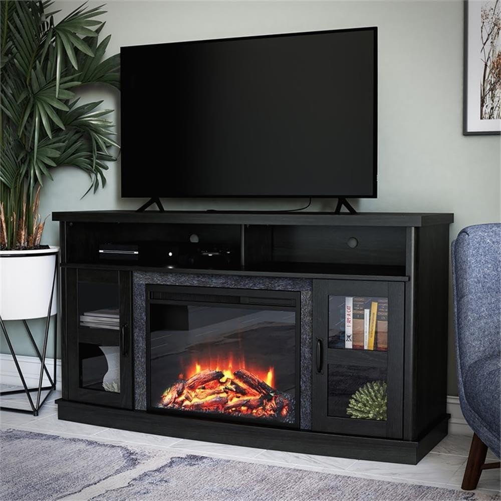 Barrow Creek Black Oak Fireplace TV Console with Glass Doors