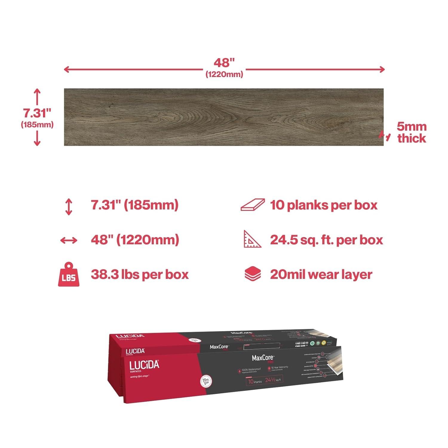MaxCore Pro 20mil x 7.3" W x 48" L Click Lock Luxury Vinyl Plank Flooring