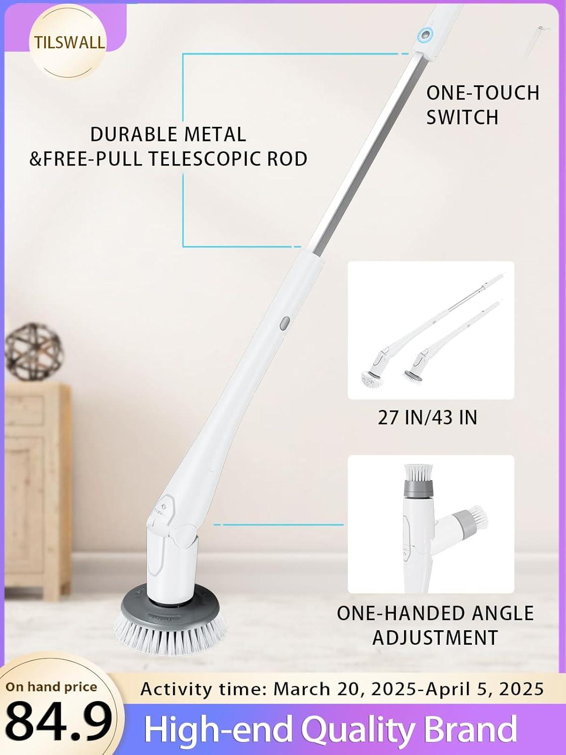 Tilswall Cordless Electric Spin Scrubber - IPX7 Waterproof Cleaning Brush with 180Min Runtime & 43" Extendable Handle, Ideal Gift for Home/Bathroom/Car (Includes 4 Brush Heads)