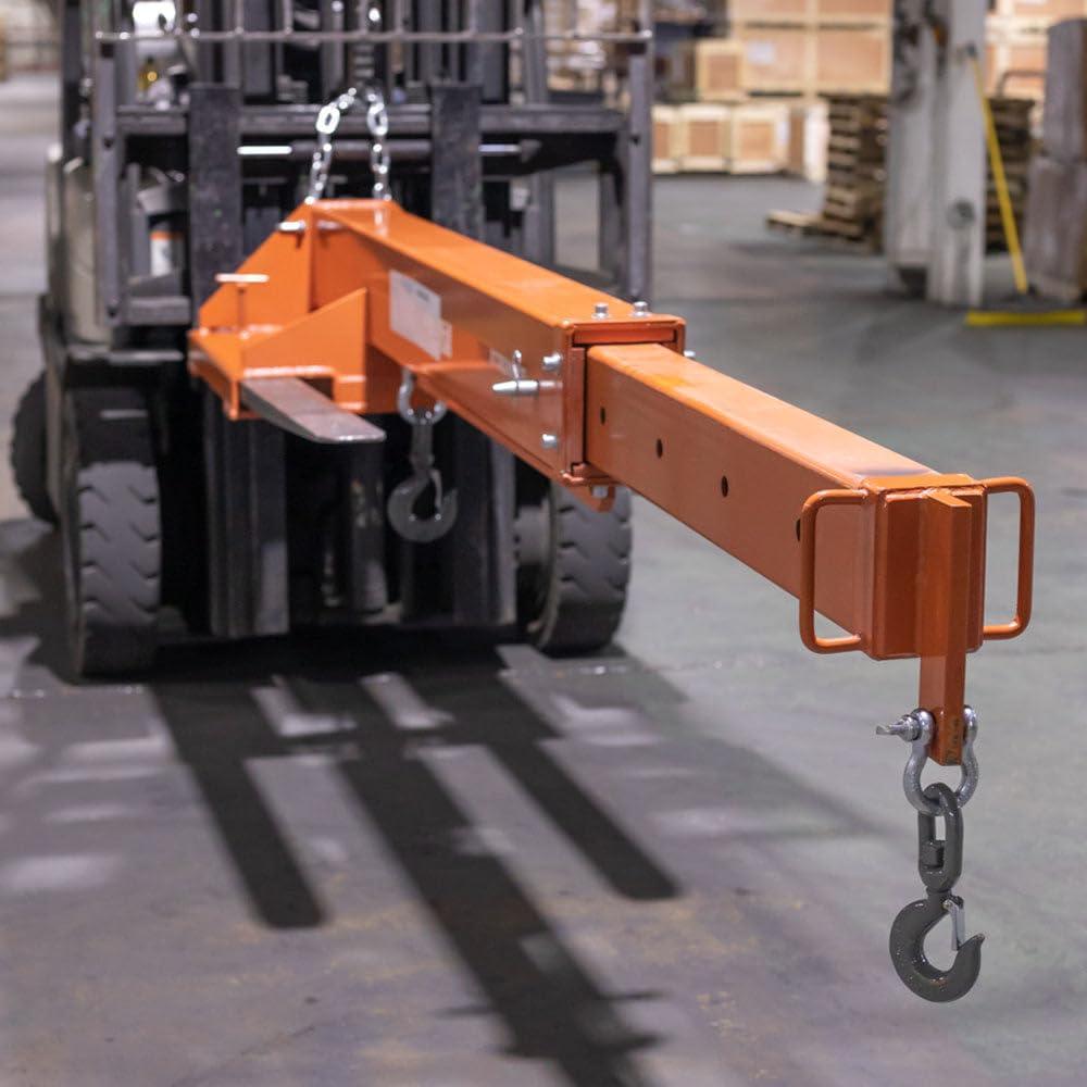 Titan Attachments Fork Mounted Adjustable Hoist Jib Boom Crane, Manual Telescopes 79"-147", 6000 LB Lift Capacity, Two 3 Ton Swivel Hooks, Ideal for Warehouse or Factories
