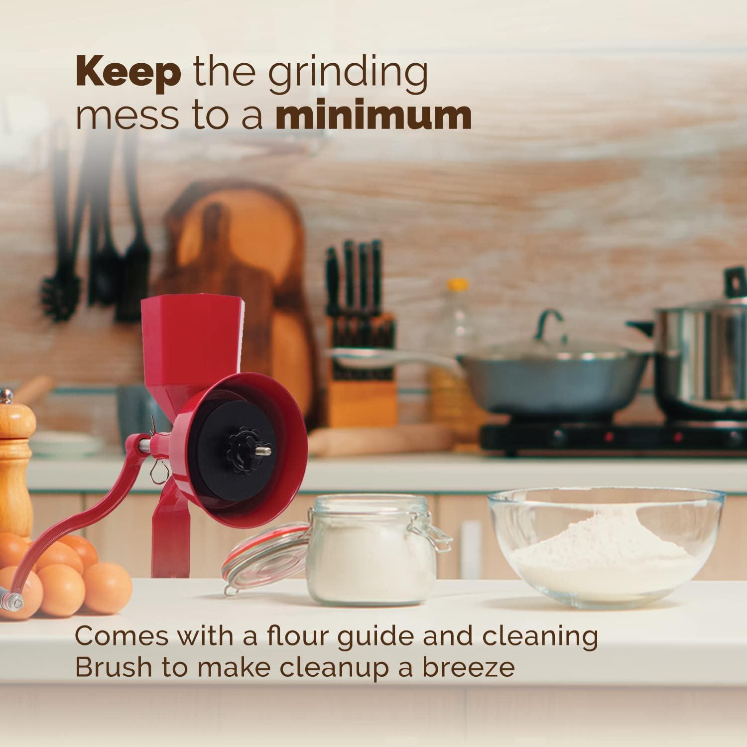 WONDERMILL Manual Hand Crank Grain Mill-Corn, flour mill grinder for home kitchen-Aircraft Aluminum. For Dry and Oily Grains - High Hopper, Spice, Wheat Stone Mill (Red).