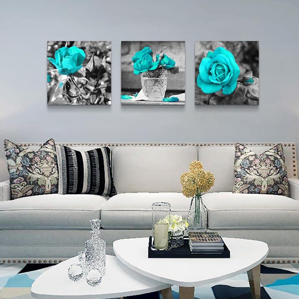 Canvas Wall Art For Bedroom Wall Decor For Living Room Black And White Wall Paintings Blue Rose Flowers Pictures Watercolor Giclee Canvas Prints Ready To Hang Room For Girls Home Decoration 3 Piece