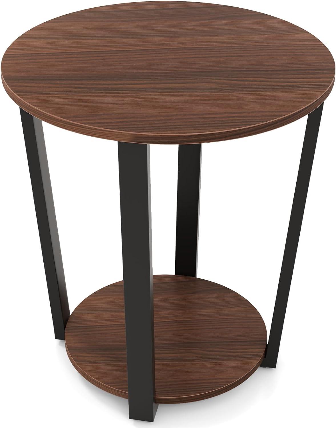 Walnut Round 2-Tier End Table with Metal Frame