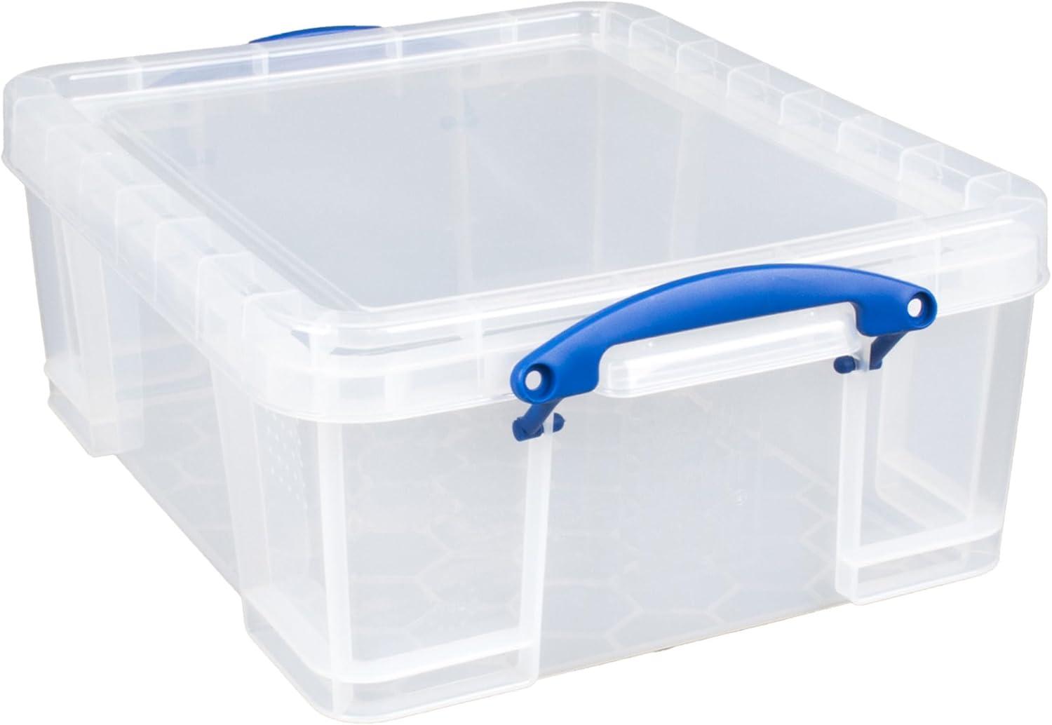 Really Useful Box 17 Liter Plastic Stackable Storage Container with Snap Lid & Built-In Clip Lock Handles for Home or Office Organization, Clear