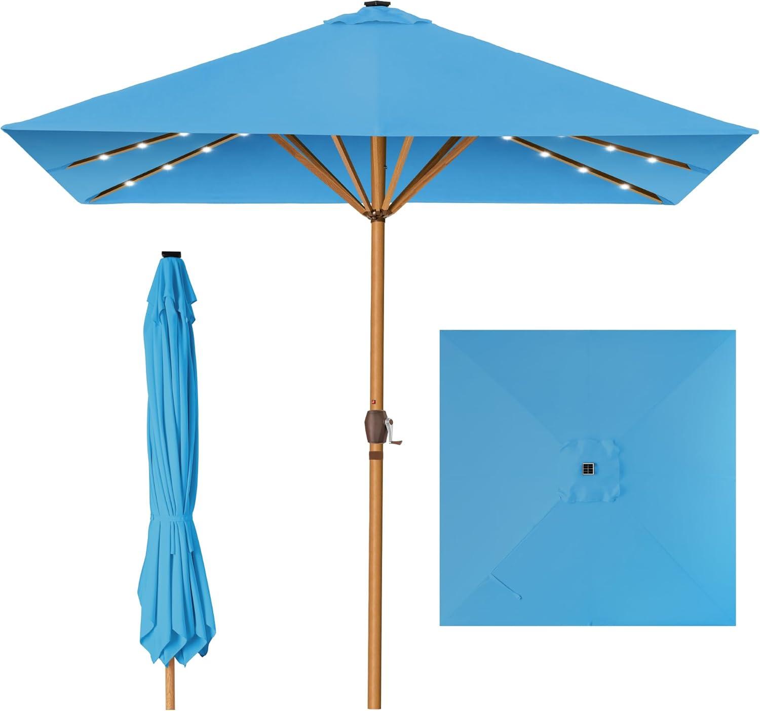 Best Choice Products 9ft Deep Square Solar LED Lighted Patio Umbrella w/ Faux Wood Texture, UV-Resistant - Sky Blue