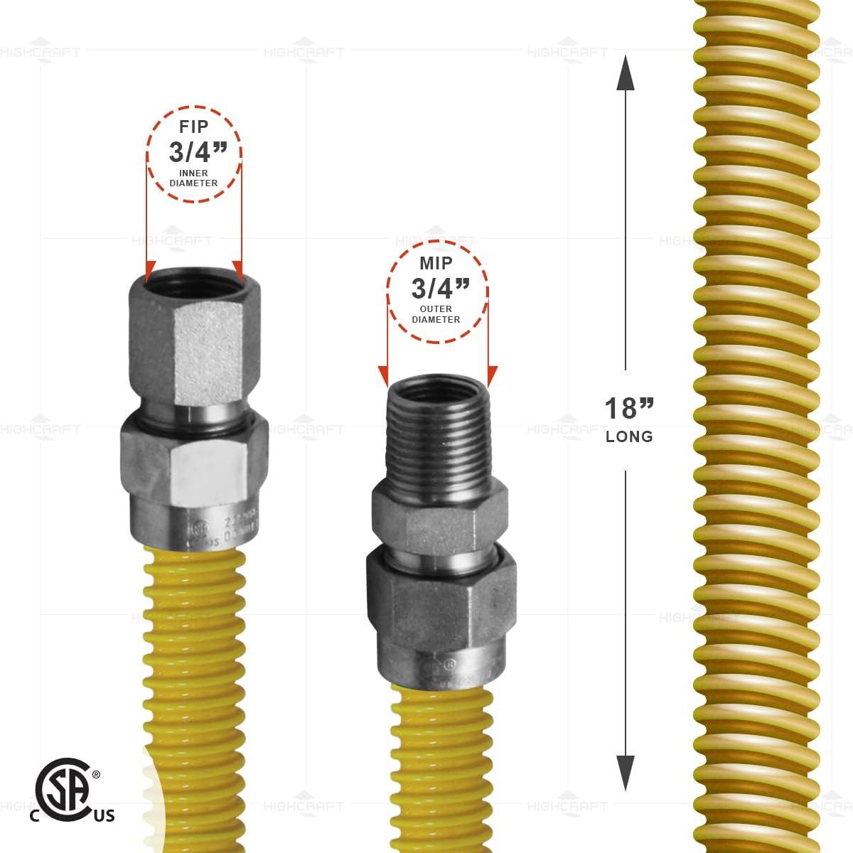 Gas Connector 18 inch Yellow Coated Stainless Steel, 1” OD Flexible Gas Hose Connector for Tankless Water Heater, with 3/4” FIP x 3/4” MIP Stainless Steel Fittings, 18” Gas Appliance Supply Line