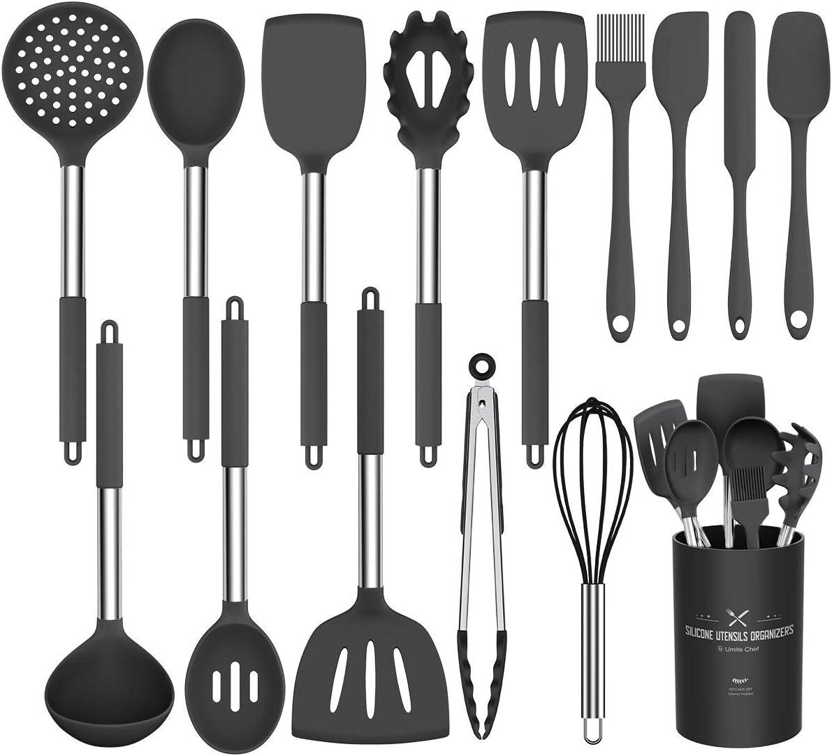 15-Piece Black Silicone Cooking Utensil Set with Stainless Steel Handles