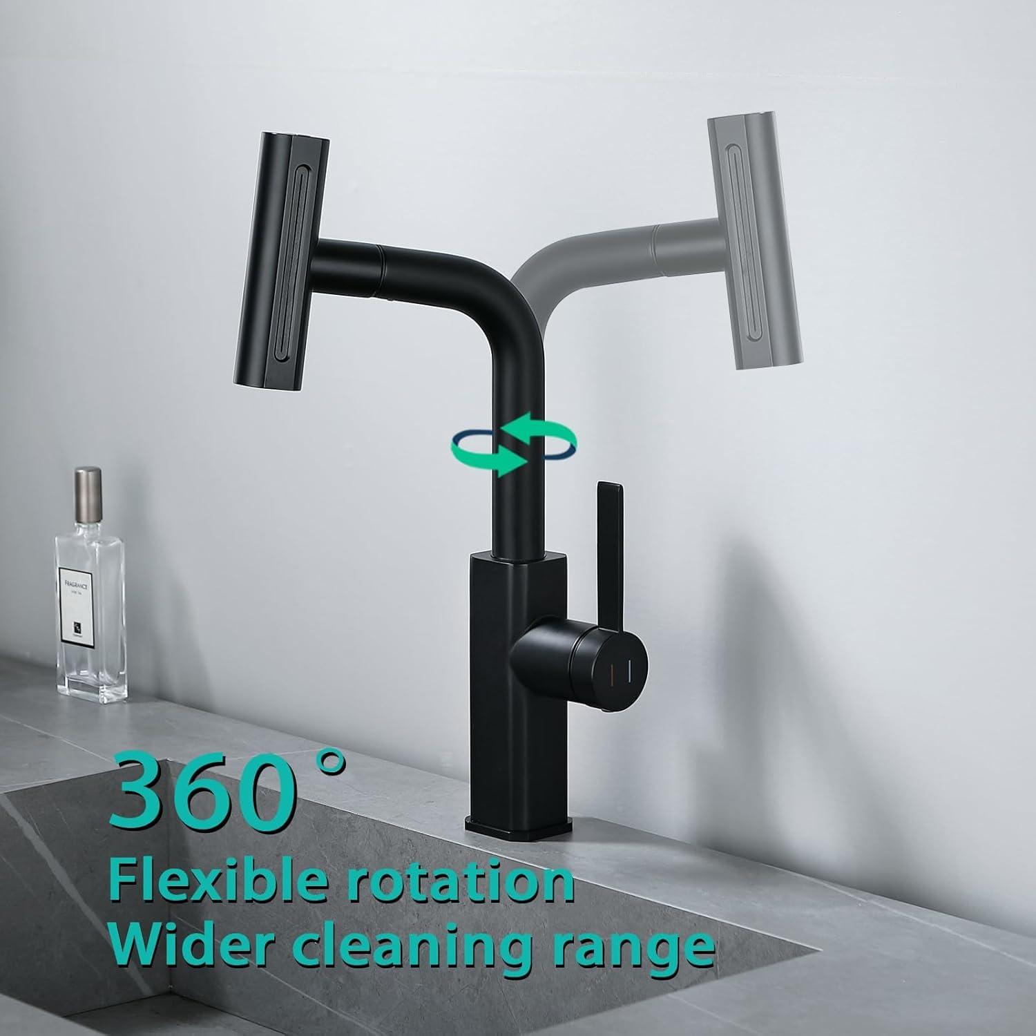 Waterfall Kitchen Faucet,Matte Black Kitchen Faucet with Pull Down Sprayer,Faucets for Kitchen Sink,Single Handle Kitchen Faucet Stainless Steel,Pull Out Sprayer Kitchen Faucets