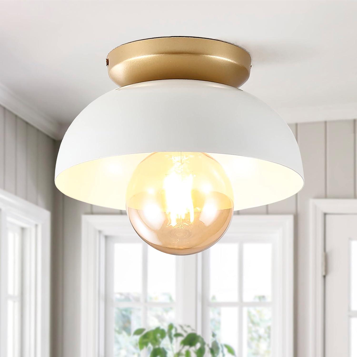 Paulina 8.5" 1-Light Classic Industrial Iron LED Flush Mount, White/Gold Painting