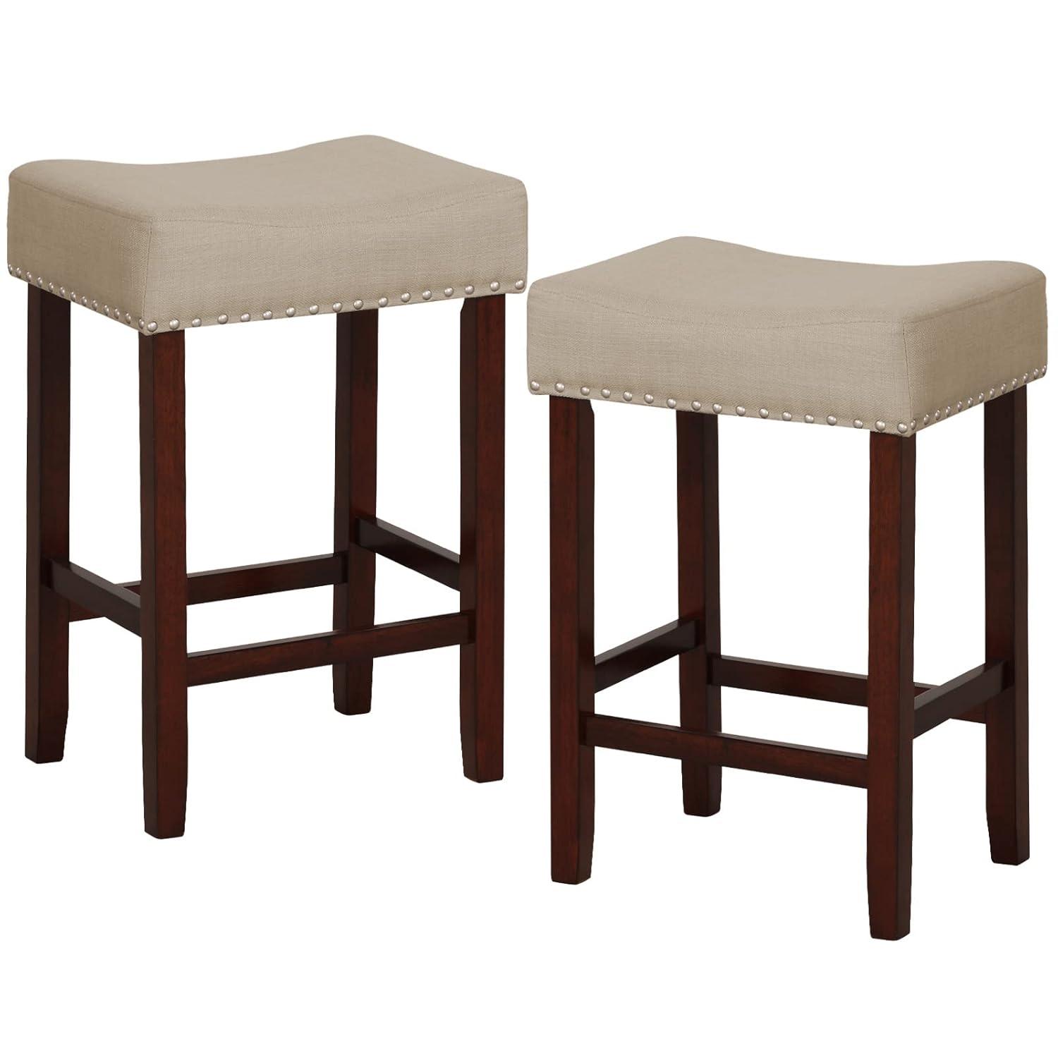 Costway Set of 2 Bar Stools Counter Height Saddle Kitchen Chairs with Wooden Legs Beige
