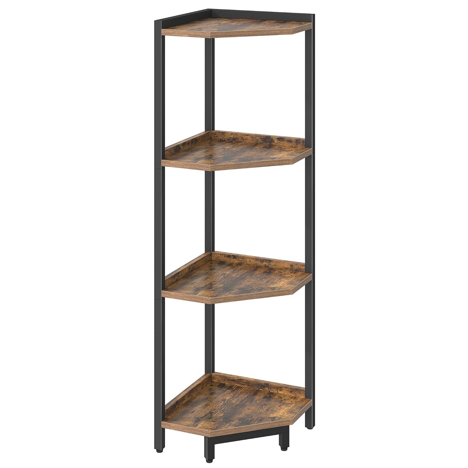 Corner Shelf Stand, Corner Bookshelf, Storage Standing Shelf Unit with Metal Frame, Plant Stand, Corner Bookcase for Living Room, Home Office, Bedroom, 4-Tier Rustic Brown CS05801B