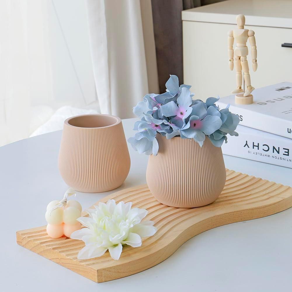 Koyal Wholesale 4" Desert Tan Ribbed Short Vases for Flowers, Fluted Flower Vase, Small Boho Vase, Mid Century Modern