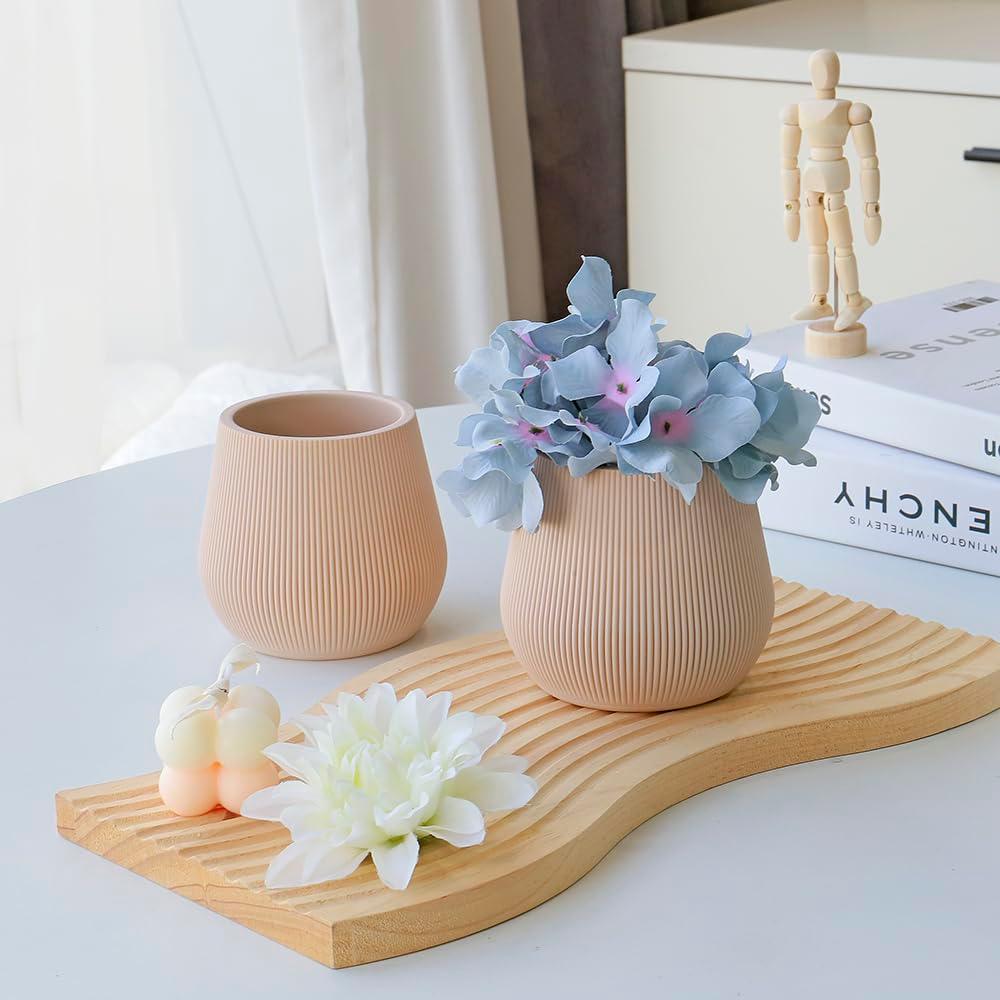 Koyal Wholesale 4" Desert Tan Ribbed Short Vases for Flowers, Fluted Flower Vase, Small Boho Vase, Mid Century Modern