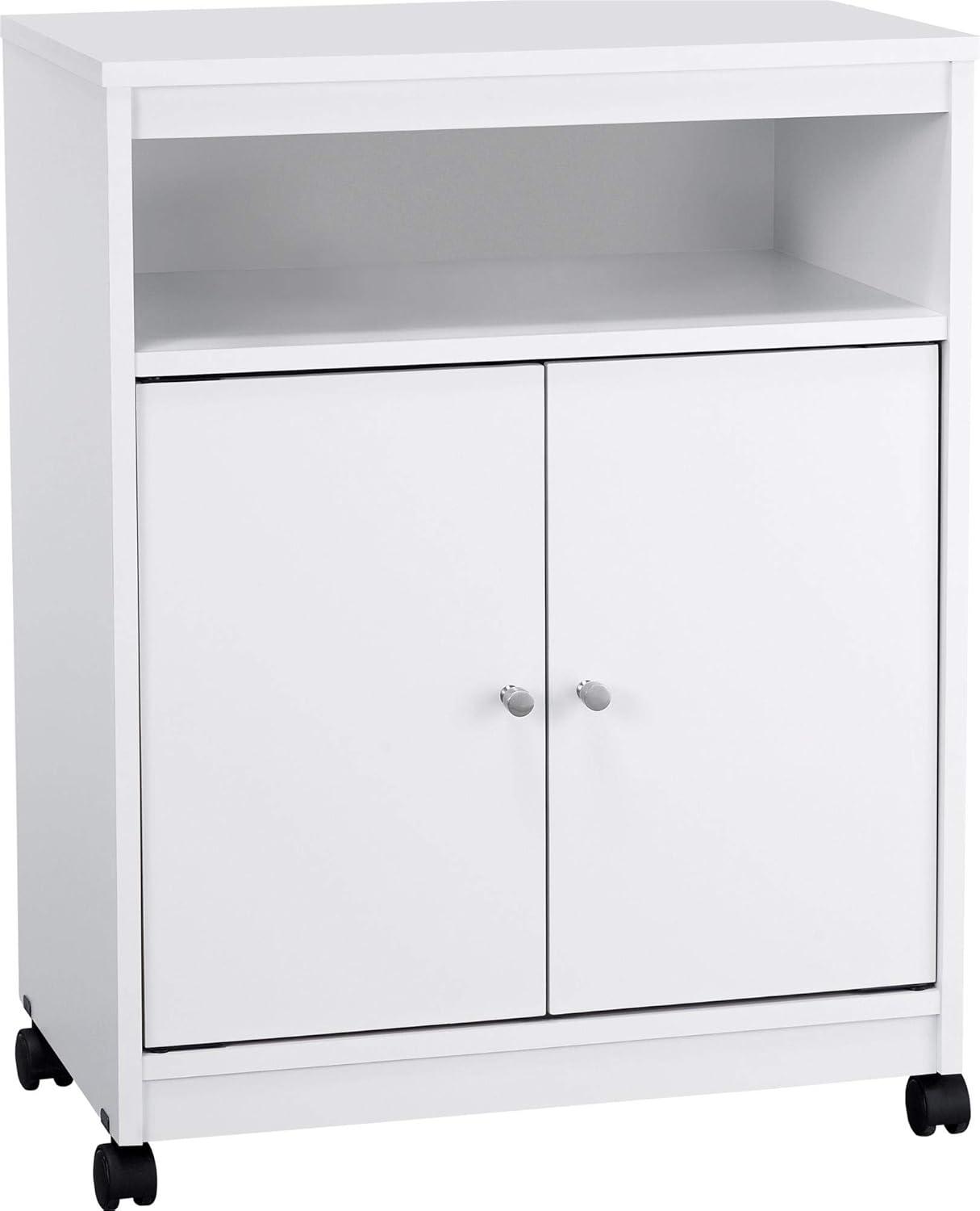 White Particleboard Kitchen Microwave Cart with Storage and Wheels