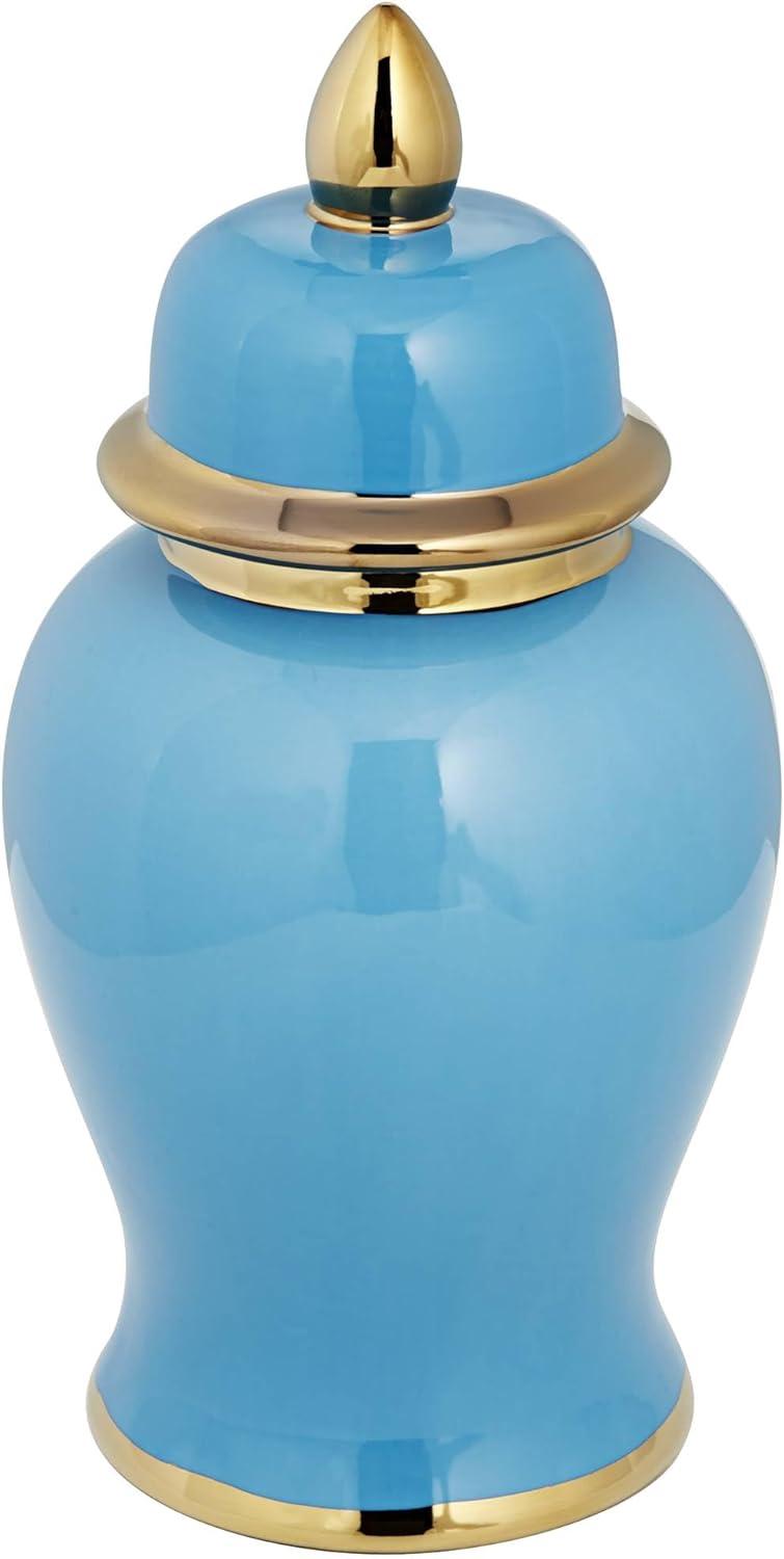 Shiny Turquoise and Gold Porcelain Ginger Jar with Lid