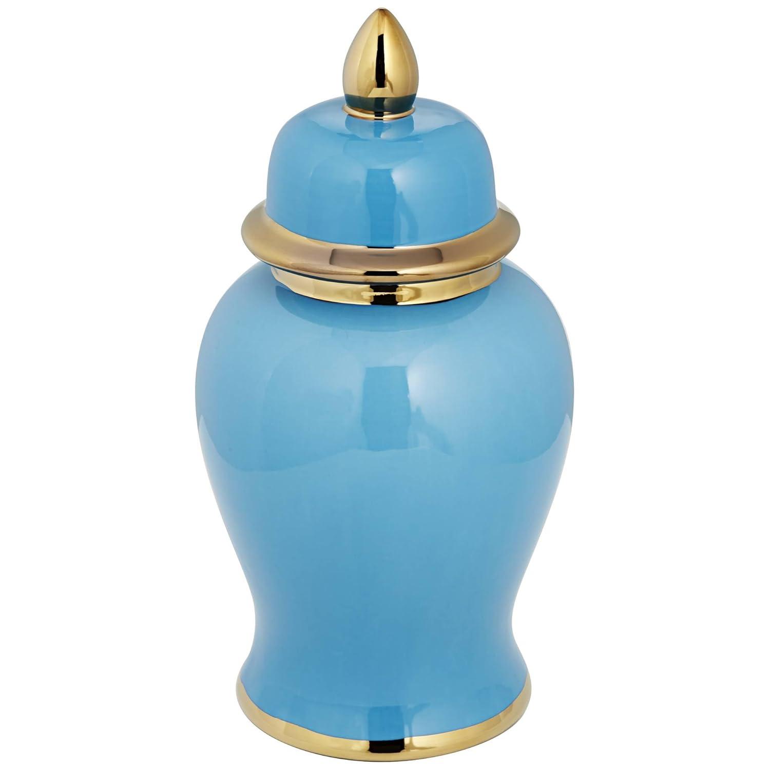 Shiny Turquoise and Gold Porcelain Ginger Jar with Lid