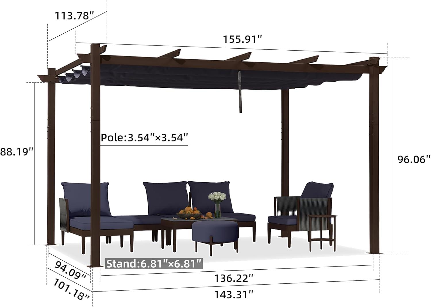 PURPLE LEAF Pergola 10' X 13' Outdoor Retractable Metal Patio Pergola with Shade Cover for Garden Yard Pavilion Grill for Beach Deck Gazebo, Terra