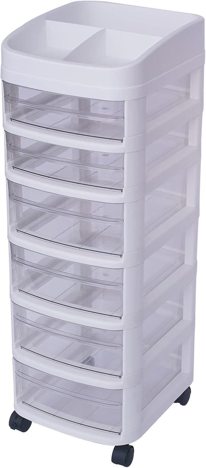 White 6-Tier Plastic Rolling Storage Cart with Clear Drawers