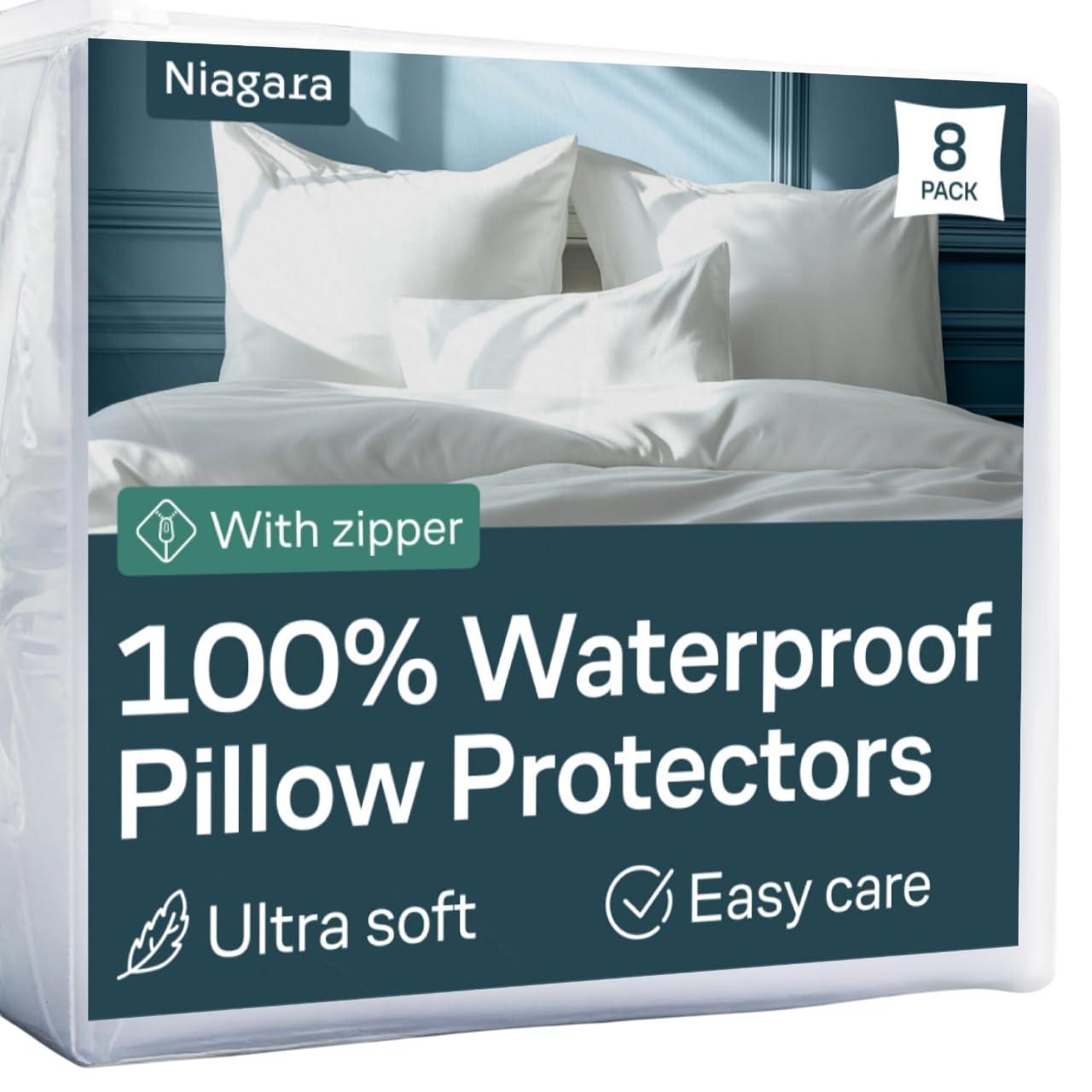 Niagara 4 Pack Waterproof Pillow Protectors King 20x36 Inches Smooth Zipper Premium Encasement Covers Quiet Cases Set White