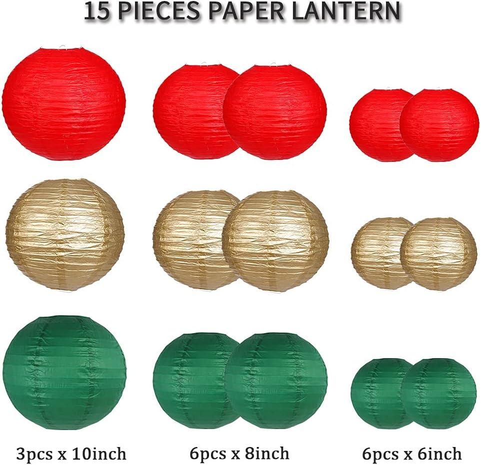 Festive Red Green Gold Round Paper Lantern Set, 15 Pieces