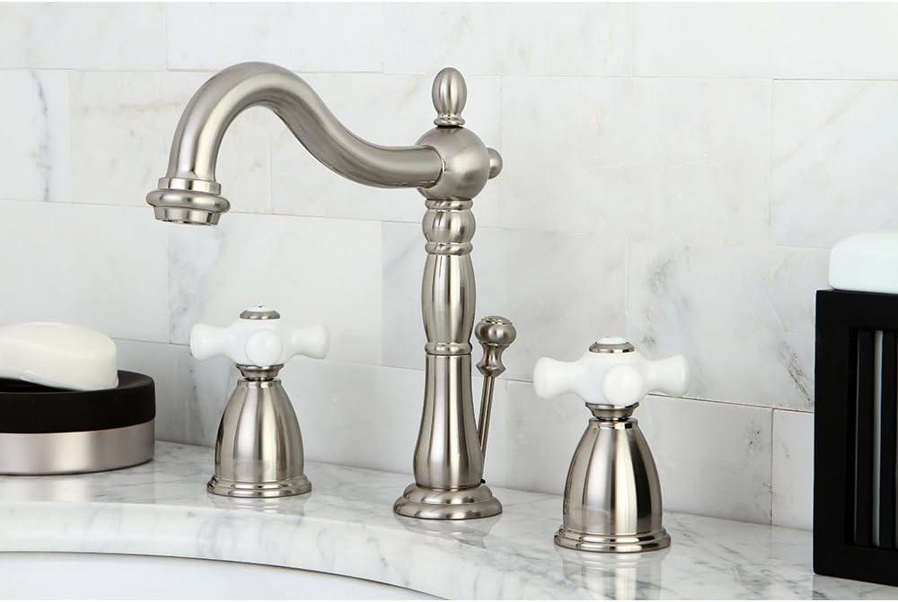 Kingston Brass Heritage Two-Handle 3-Hole Deck Mount Widespread Bathroom Faucet with Pop-Up Drain