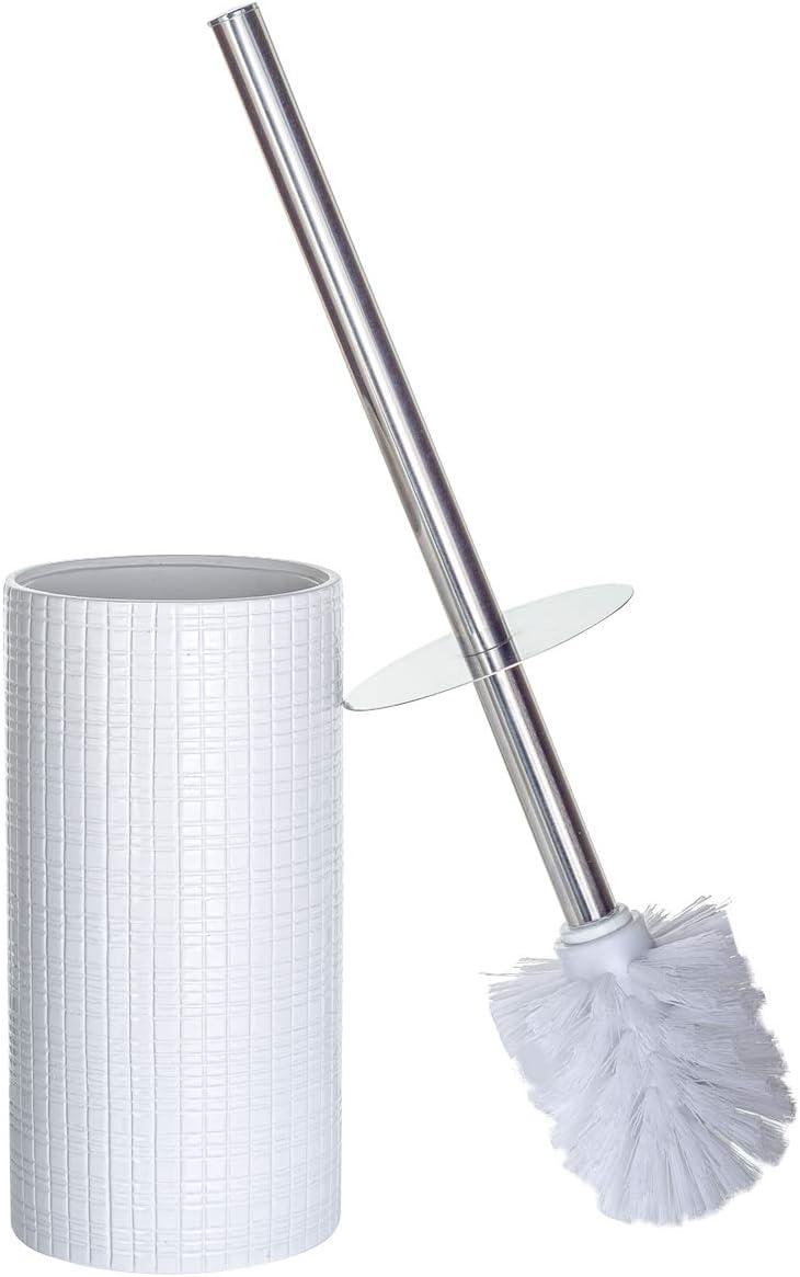 White Polyresin Toilet Brush with Holder and Silver Handle