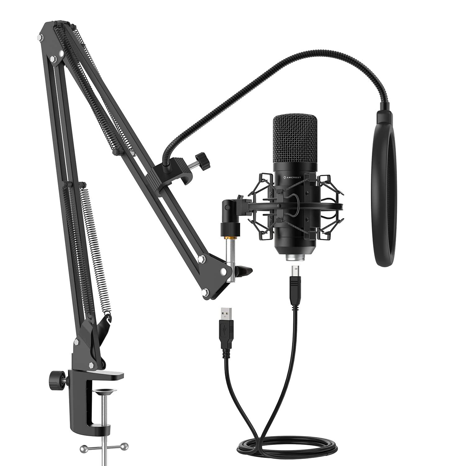 Amcrest USB Microphone for Voice Recordings, Podcasts, Gaming, Online Conferences, Live Streaming, Cardioid Microphone with Boom Arm, Pop-Filter, Shock Mount, AM430-BPS