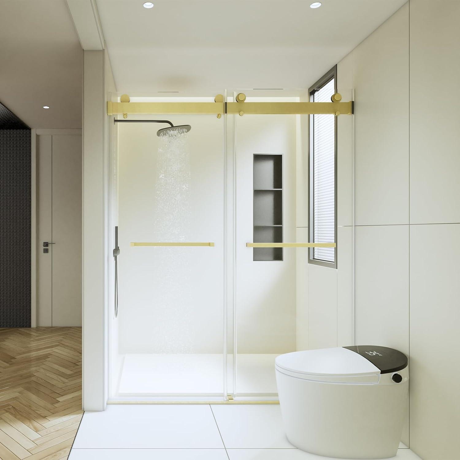 Brushed Gold Frameless Double Sliding Shower Door with Clear Glass