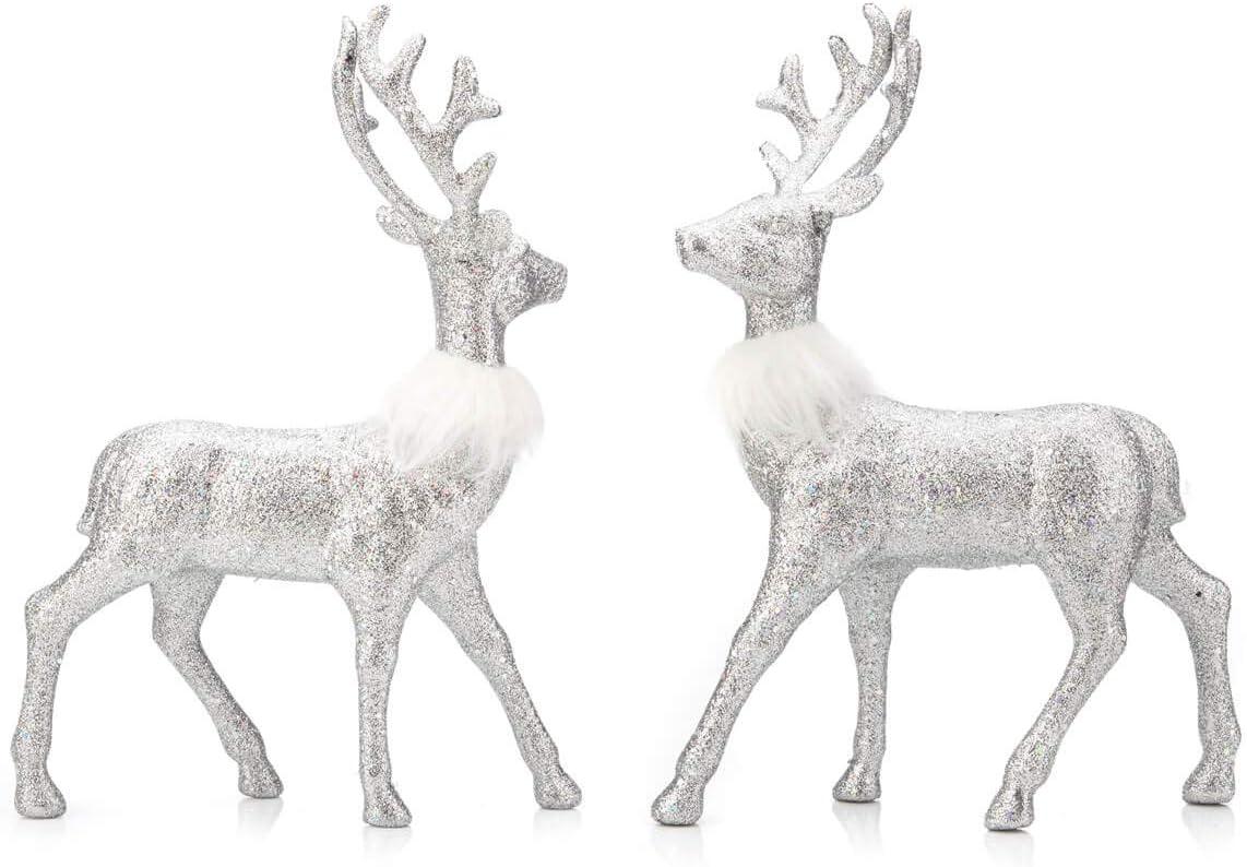 Silver Glitter Winter Reindeer Figurines with Faux Fur