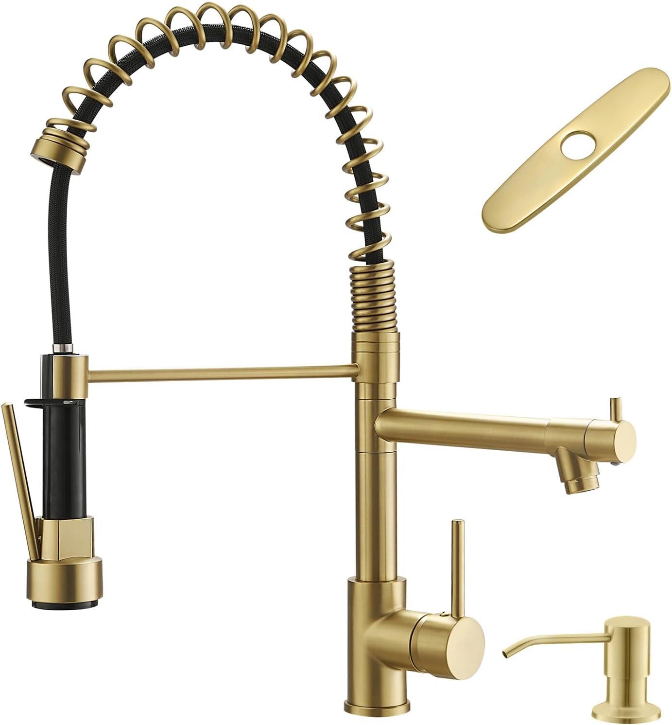 Contemporary Kitchen Sink Single Handle Brass Spring Kitchen Faucet with Pull Down Sprayer, Rotatable Pull-Out Kitchen Mixer Tap, Brushed Gold Kitchen Sink Faucets