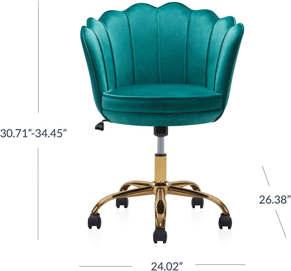 BELLEZE Kaylee Office Chair Upholstered Velvet Seashell Swivel Desk Chair Task Chair Height Adjustable Golden Leg, Green