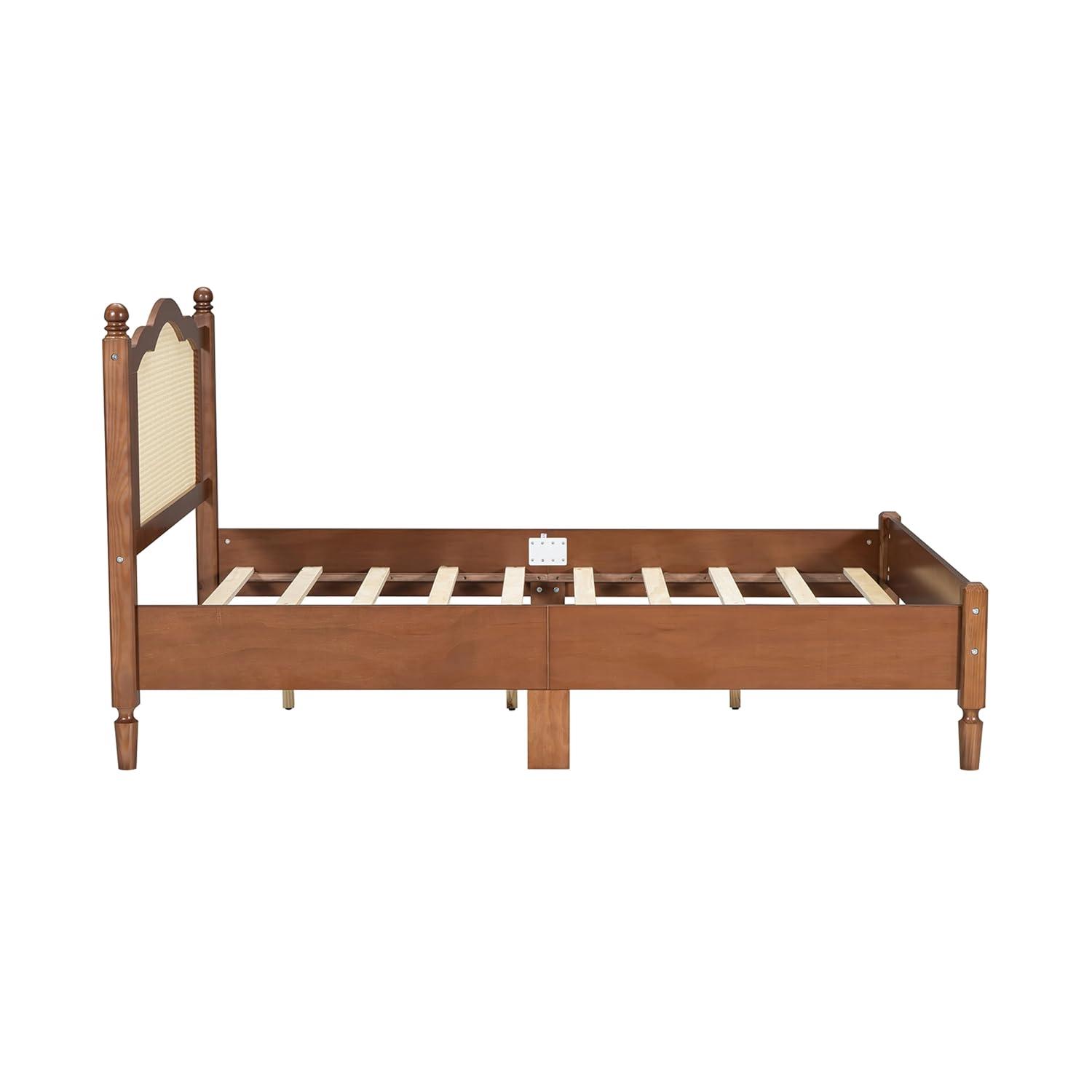 Full-Size Wooden Platform Bed with Natural Rattan Headboard, Mid-Century Modern Bed Frame for Bedroom Guest Room, Slats Support Bed Mattress Foundation No Box Spring Needed & Easy Assemble