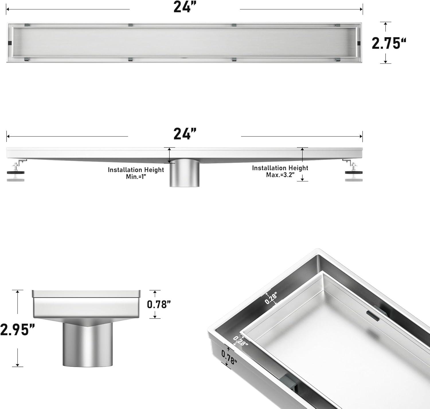 BRÜUN Shower Drain with Removable Square Hole Panel- A (24-inch) 304 Stainless Steel Long Channel Brushed Finish Linear Bathroom Floor Drain Include Hair Strainer and Leveling Feet for Water Waste